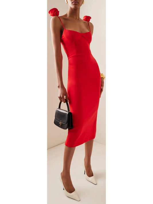 Rose-Detailed Red Midi Dress - Branna Couture