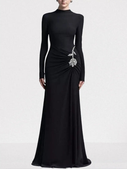 Rose-Embellished Gathered Sheath Gown - S / Black - Dresses