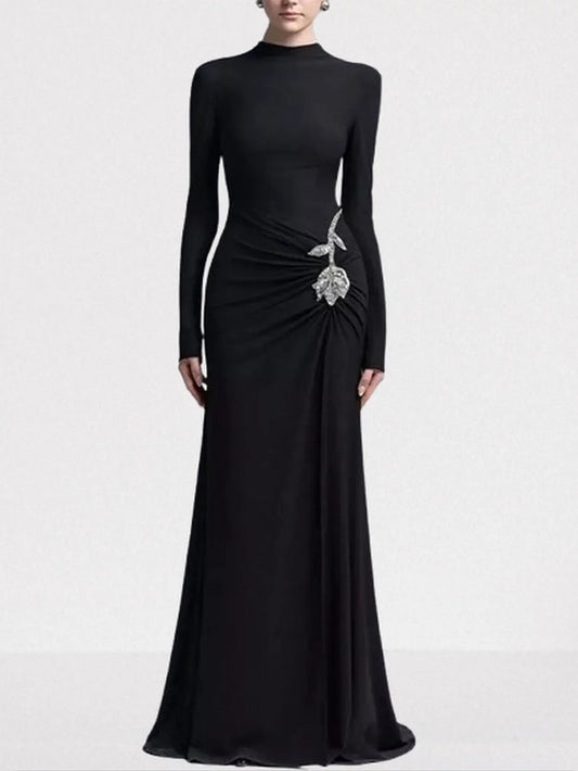 Rose-Embellished Gathered Sheath Gown - S / Black - Dresses