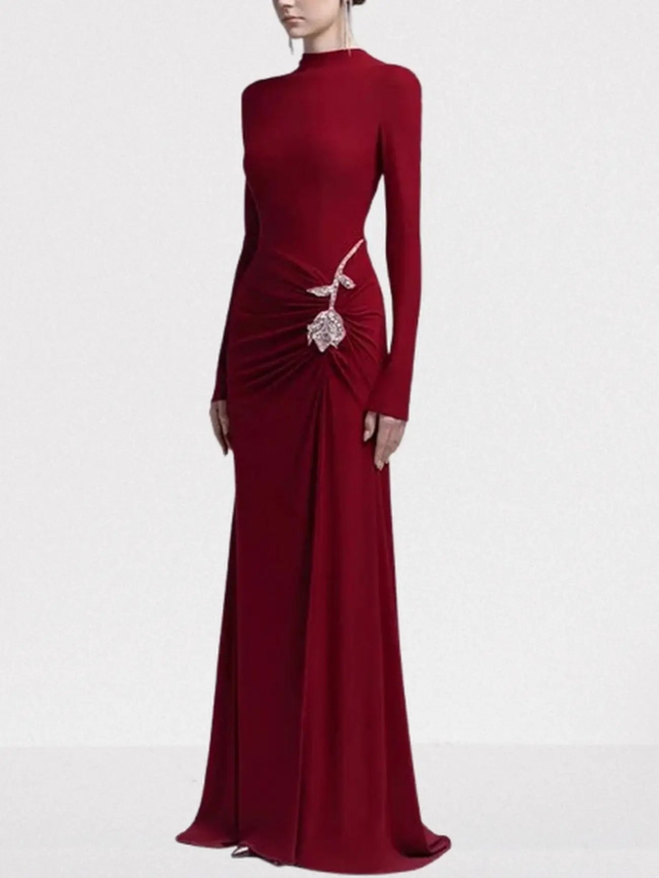 Rose-Embellished Gathered Sheath Gown - Dresses