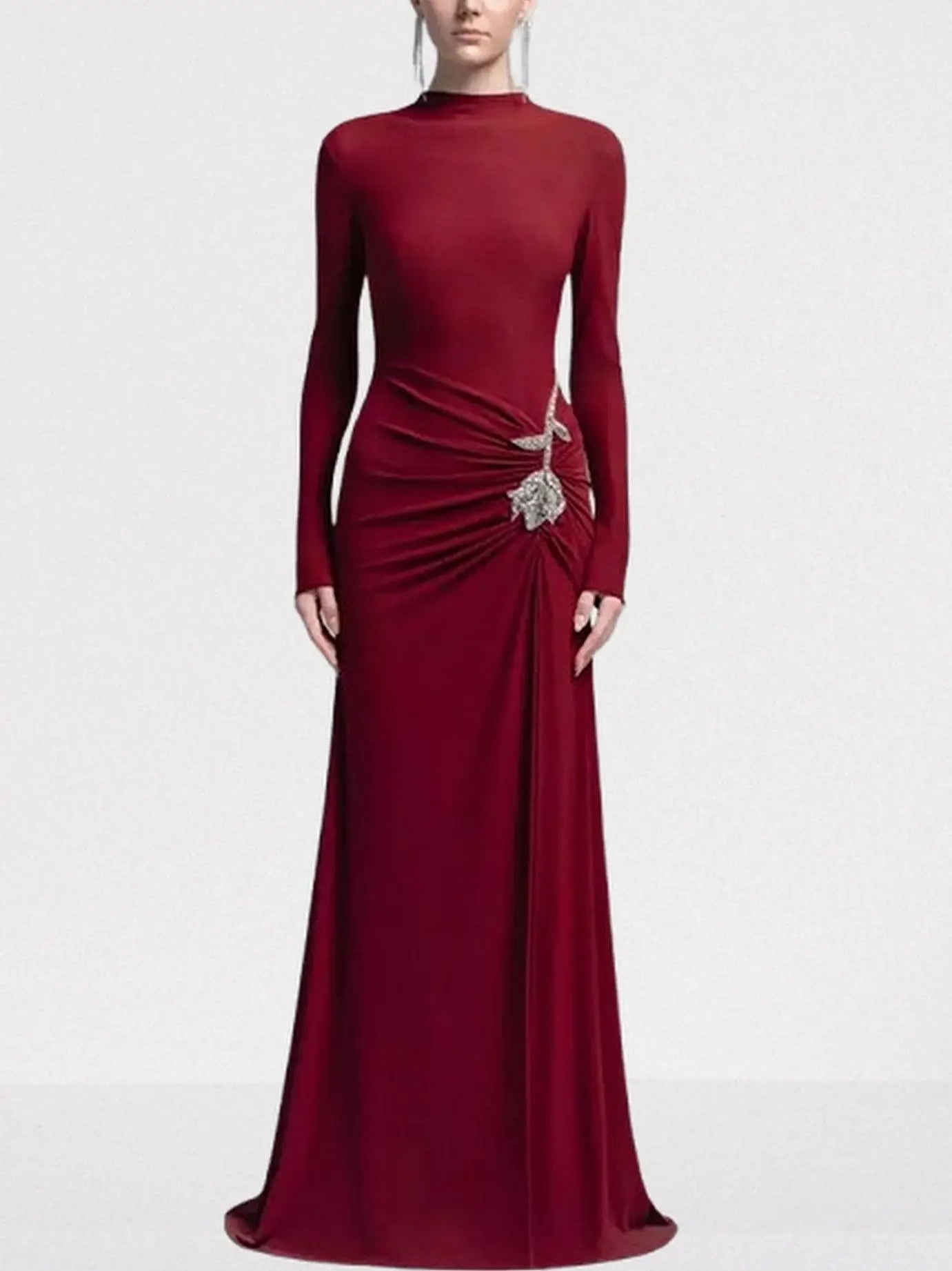 Rose-Embellished Gathered Sheath Gown - S / Red - Dresses