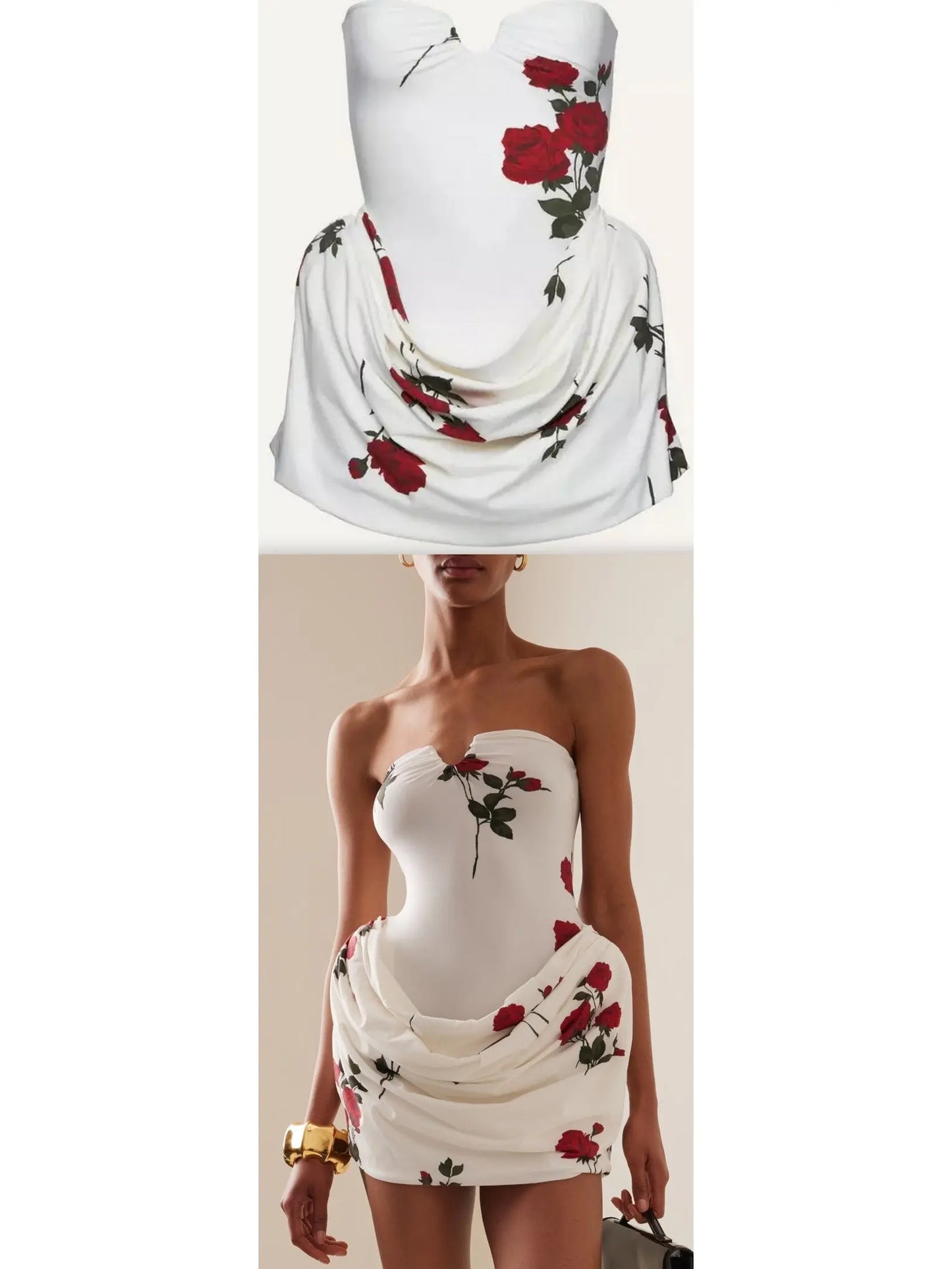 Rose Print Strapless Draped Hip Mini Dress in White - Branna Couture