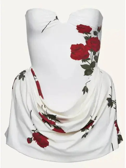 Rose Print Strapless Draped Hip Mini Dress in White - Branna Couture