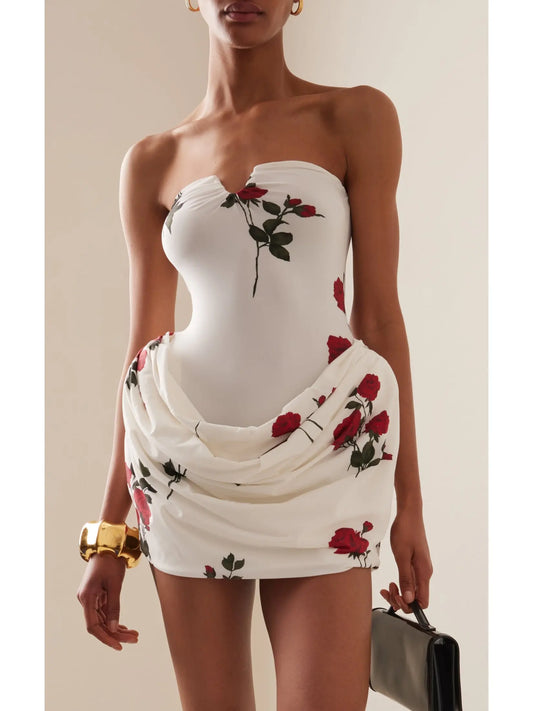 Rose Print Strapless Draped Hip Mini Dress in White - Branna Couture