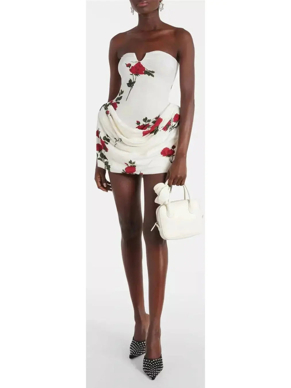 Rose Print Strapless Draped Hip Mini Dress in White - Branna Couture