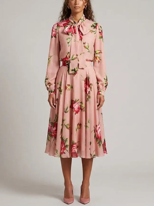 Floral Print Silk Chiffon Cropped Blouse and Skirt Set - S - Suits & Sets