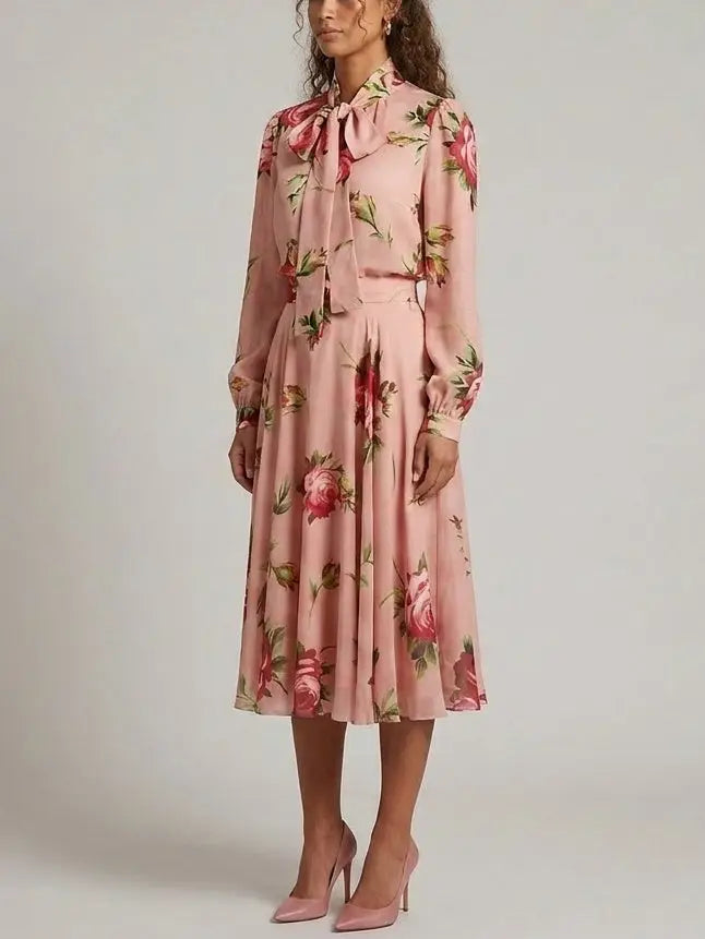 Floral Print Silk Chiffon Cropped Blouse and Skirt Set - Suits & Sets