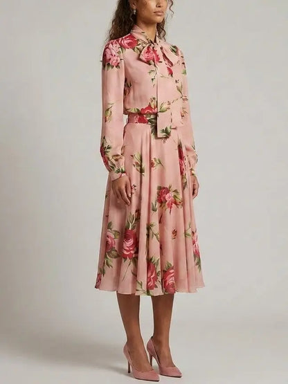Floral Print Silk Chiffon Cropped Blouse and Skirt Set - Suits & Sets
