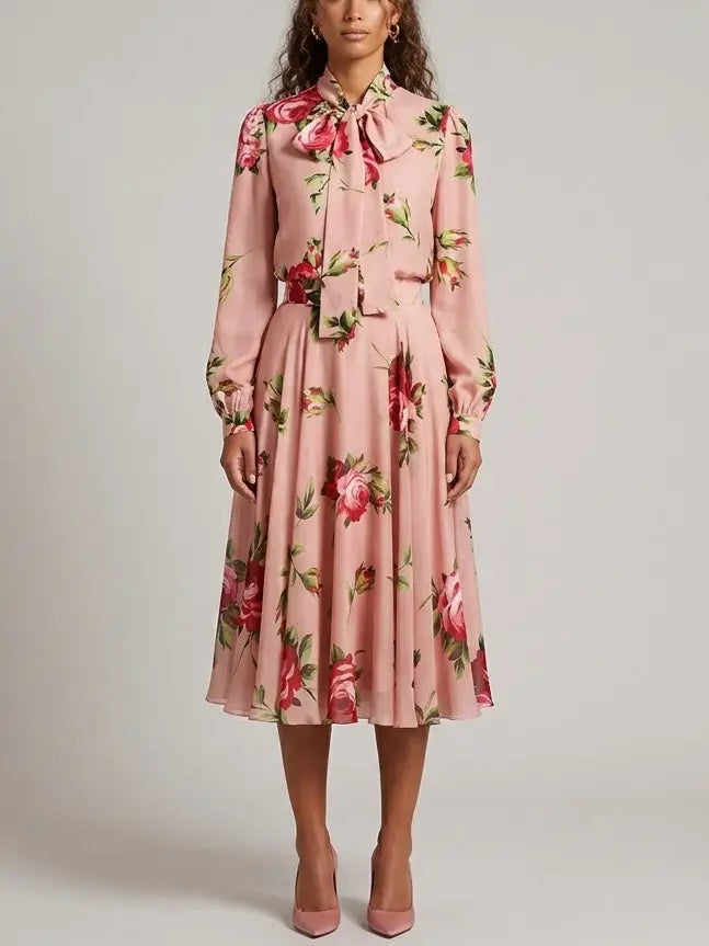 Floral Print Silk Chiffon Cropped Blouse and Skirt Set - Suits & Sets