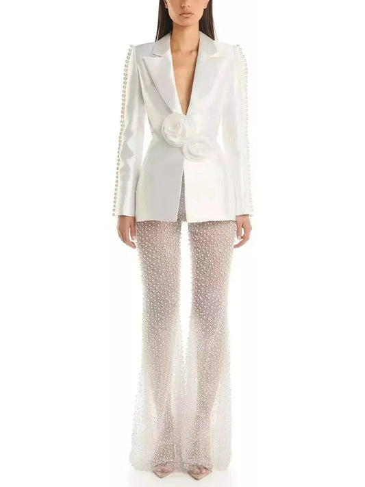 Rose and Bead-Embellished Blazer with Sequin and Bead-Embellished Stretch Mesh Pant Set - Branna Couture