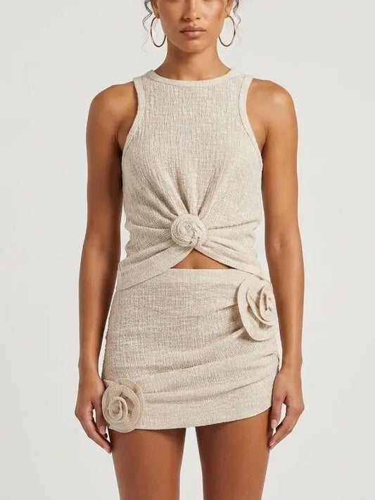 Rose Applique Twist-Front Top and Mini Skirt Set - Small - Suits & Sets