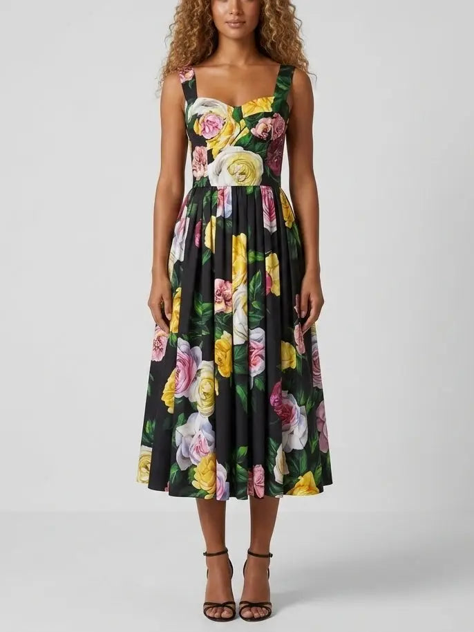 Rose Print Black Fit and Flare Sleeveless Midi Dress - S - Dresses
