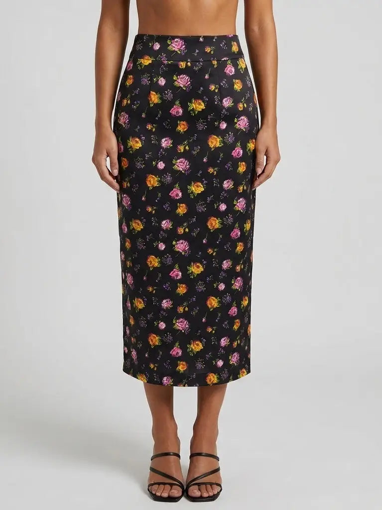 Rose Print Black Silk Pencil Midi Skirt - S - Skirts