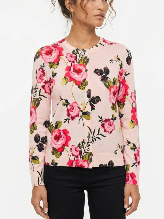 Rose Print Button Front Merino Wool Cardigan - S - Sweaters & Knitwear