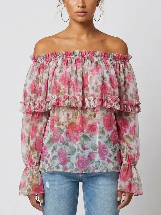 Rose Print Off Shoulder Ruffle Chiffon Blouse - Small - Tops