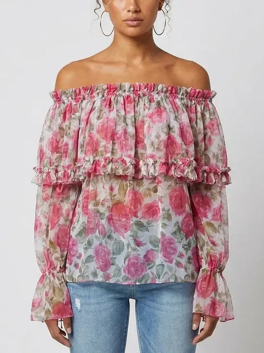 Rose Print Off Shoulder Ruffle Chiffon Blouse - Small - Tops