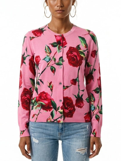 Rose Print Pink Merino Wool Cardigan Sweater - Small - Sweaters & Knitwear
