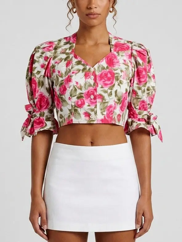 Rose Print Puff Sleeve Cropped Cotton Blouse - Small - Tops