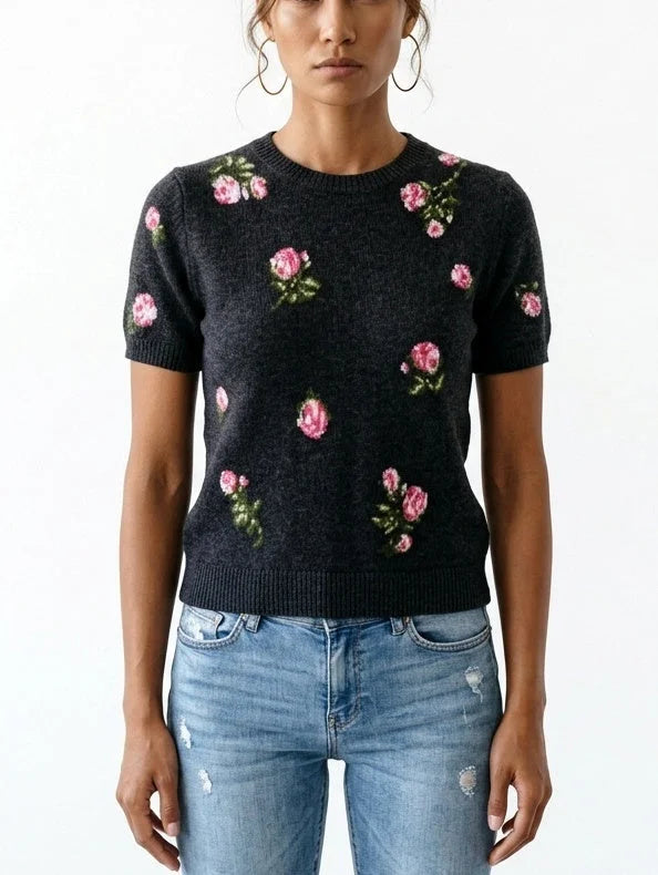 Rose Print Short Sleeve Wool Cashmere Sweater - Small / Black - Sweaters & Knitwear