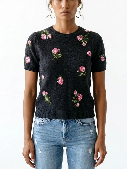Rose Print Short Sleeve Wool Cashmere Sweater - Small / Black - Sweaters & Knitwear