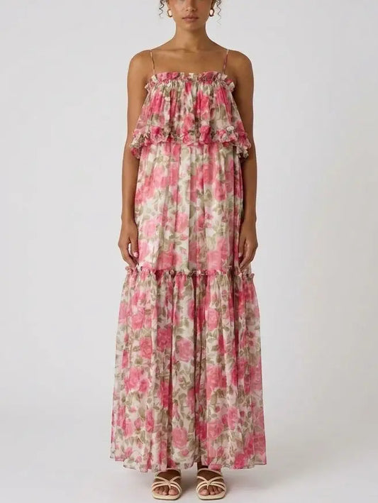 Rose Print Silk Chiffon Ruffle Tiered Maxi Dress - S - Dresses