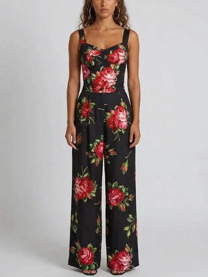 Rose Print Silk Corset Top and Pant Set - S - Suits & Sets