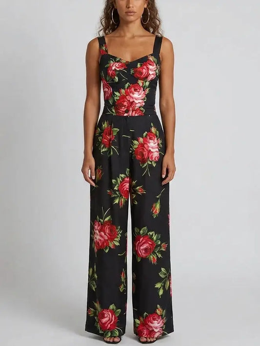 Rose Print Silk Corset Top and Pant Set - S - Suits & Sets