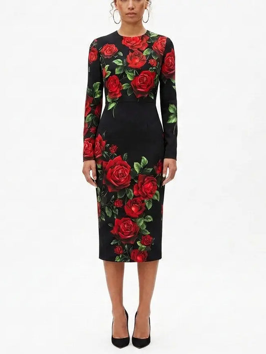 Rose Print Silk Long Sleeve Sheath Dress - S - Dresses