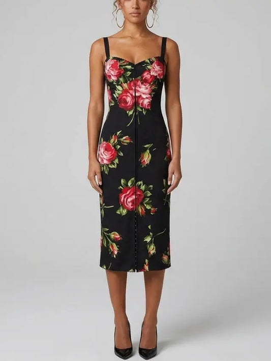 Rose Print Silk Sheath Midi Dress - S - Dresses