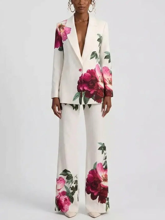 Rose Print Single-Breasted Blazer and Flared Pants Set - S - Suits & Sets