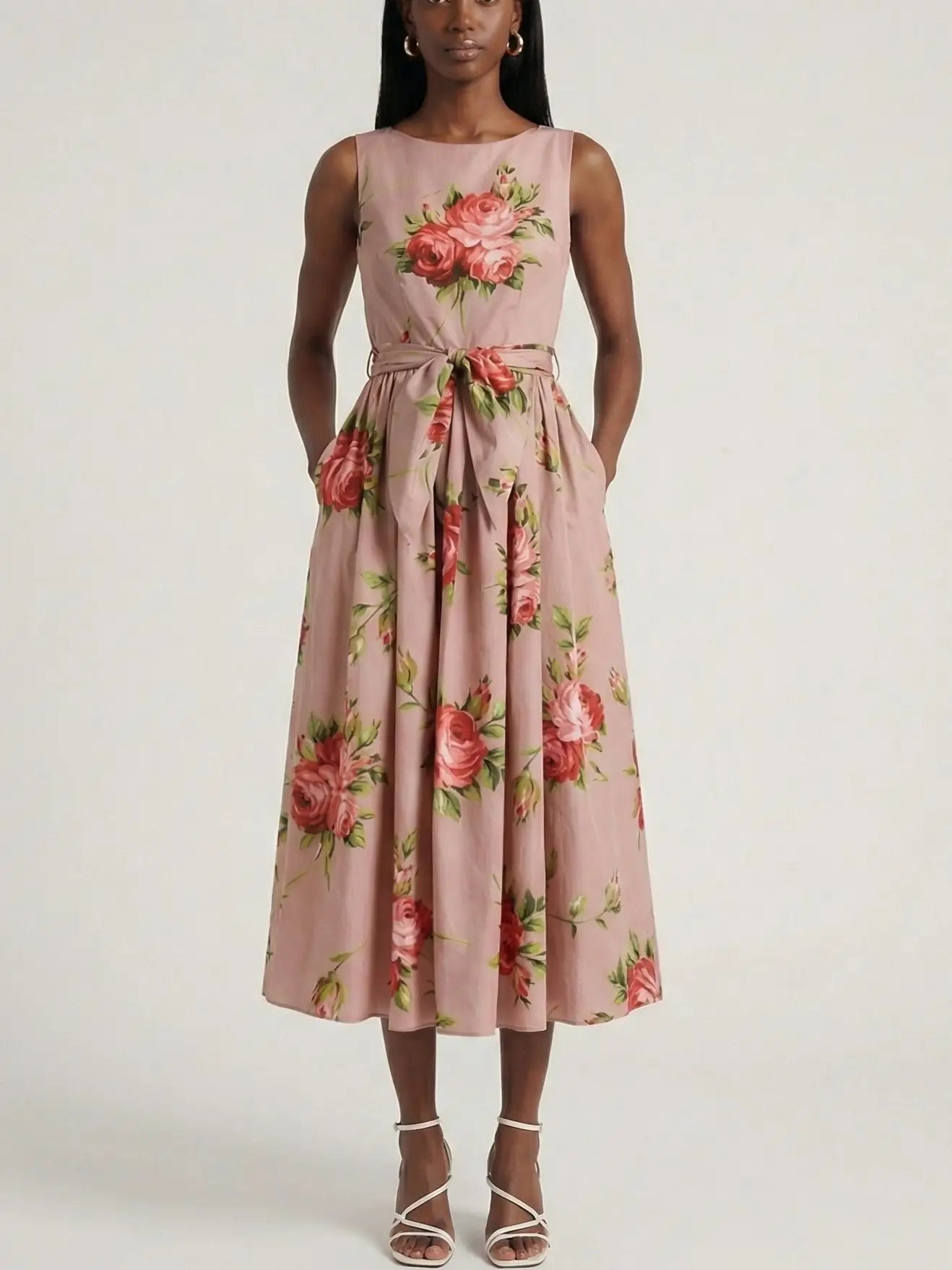 Rose Print Sleeveless Tie-Waist Dress - S - Dresses
