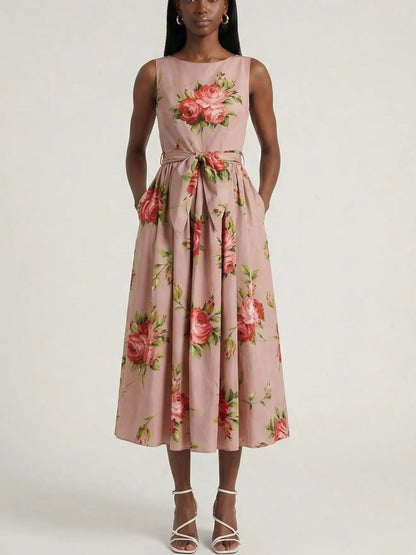 Rose Print Sleeveless Tie-Waist Dress - S - Dresses