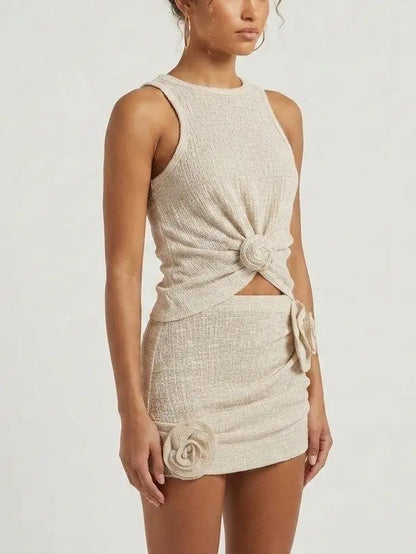 Rose Applique Twist-Front Top and Mini Skirt Set - Suits & Sets