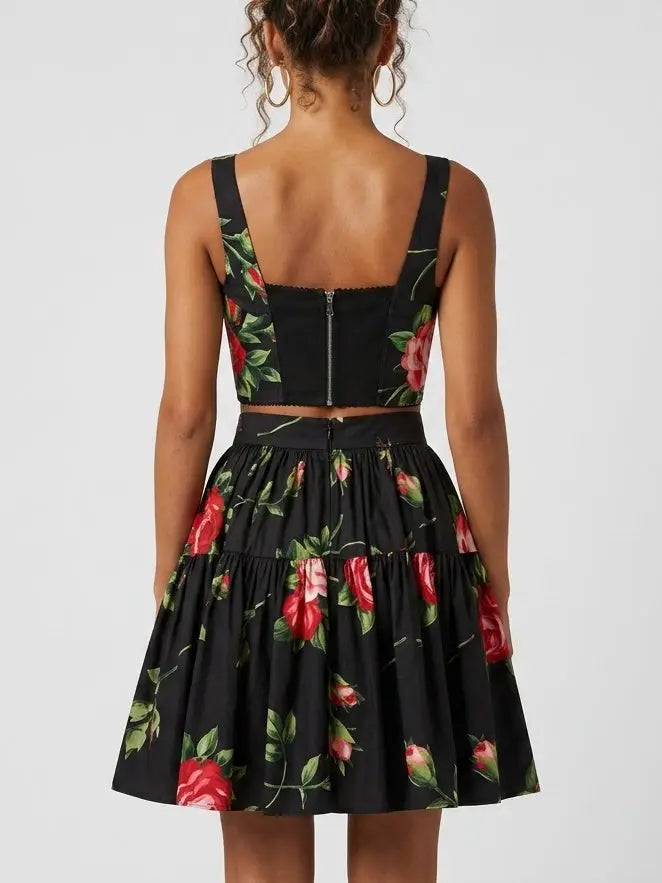 Rose Print Black Bustier Top and Tiered Mini Skirt Set - Suits & Sets