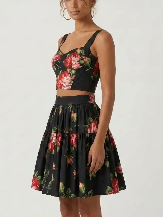 Rose Print Black Bustier Top and Tiered Mini Skirt Set - Suits & Sets