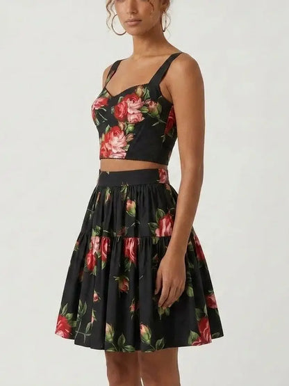 Rose Print Black Bustier Top and Tiered Mini Skirt Set - Suits & Sets