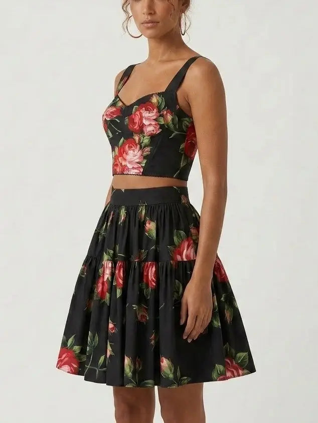 Rose Print Black Bustier Top and Tiered Mini Skirt Set - Suits & Sets