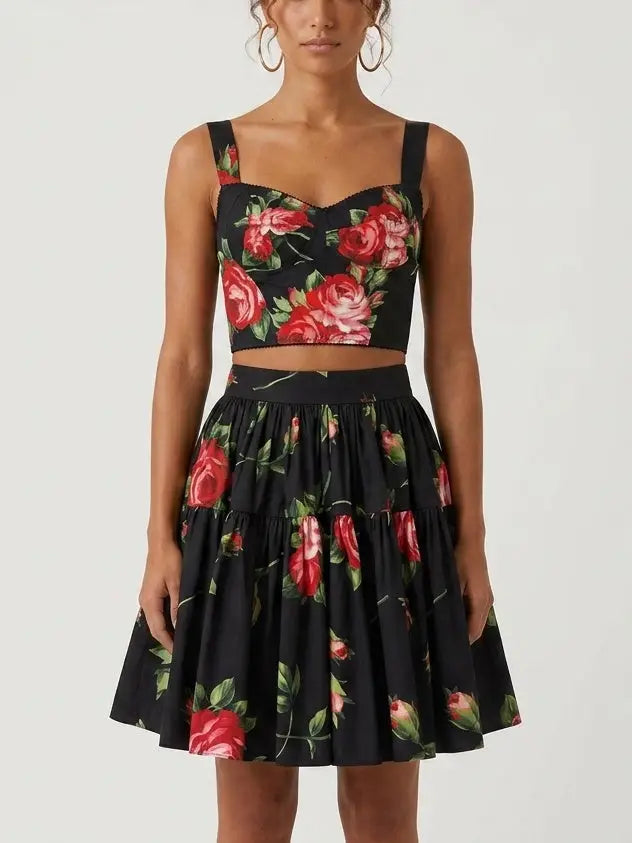 Rose Print Black Bustier Top and Tiered Mini Skirt Set - Suits & Sets
