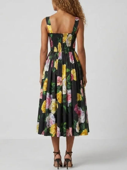 Rose Print Black Fit and Flare Sleeveless Midi Dress - Dresses