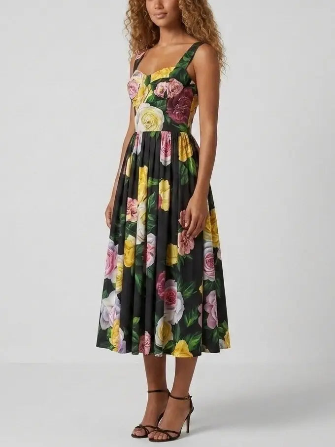 Rose Print Black Fit and Flare Sleeveless Midi Dress - Dresses