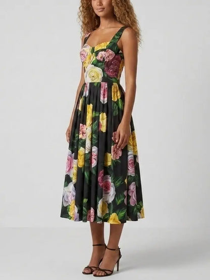 Rose Print Black Fit and Flare Sleeveless Midi Dress - Dresses
