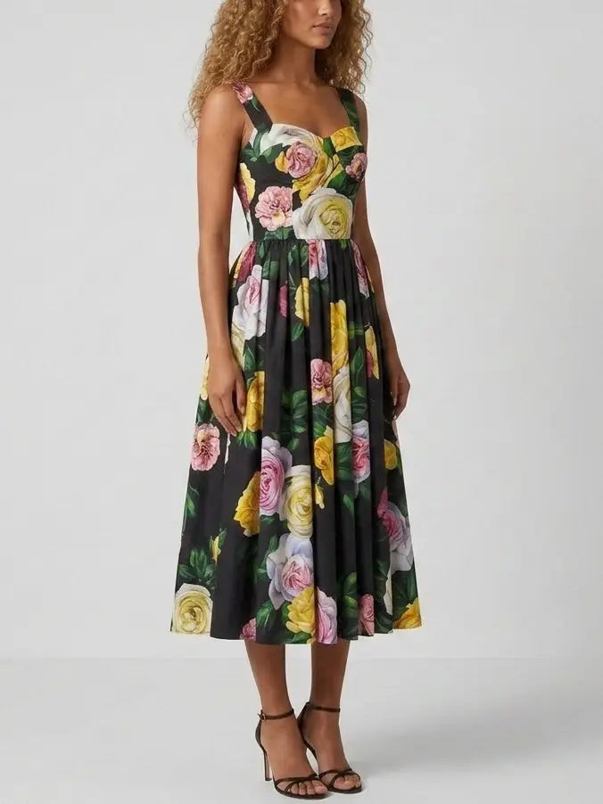 Rose Print Black Fit and Flare Sleeveless Midi Dress - Dresses