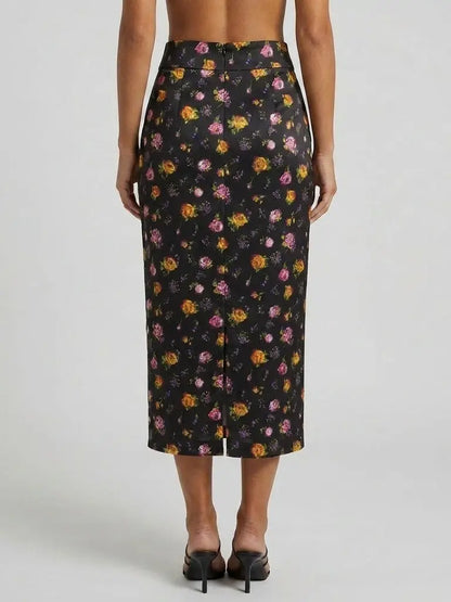 Rose Print Black Silk Pencil Midi Skirt - Skirts