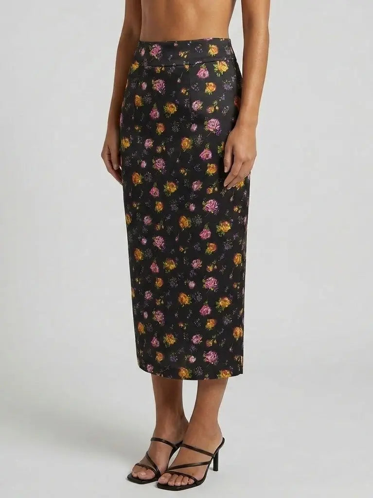 Rose Print Black Silk Pencil Midi Skirt - Skirts
