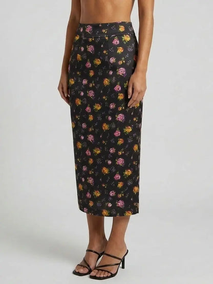 Rose Print Black Silk Pencil Midi Skirt - Skirts