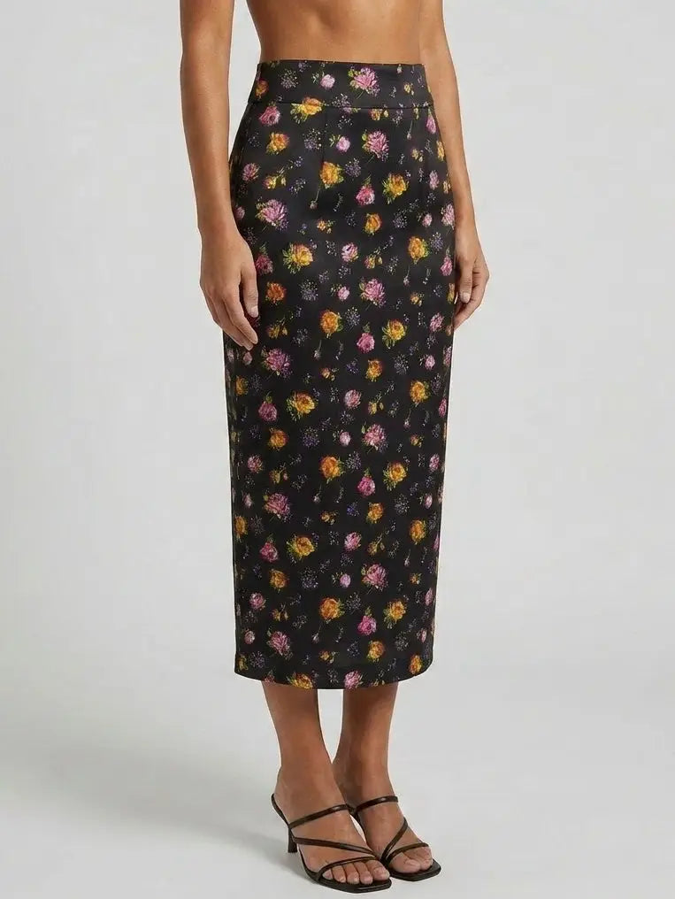Rose Print Black Silk Pencil Midi Skirt - Skirts