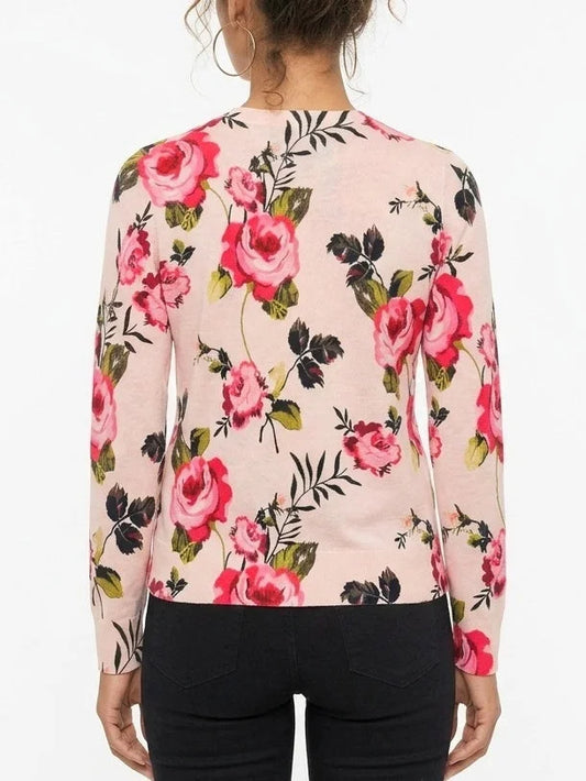 Rose Print Button Front Merino Wool Cardigan - Sweaters & Knitwear