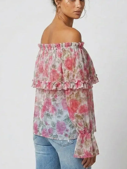Rose Print Off Shoulder Ruffle Chiffon Blouse - Tops