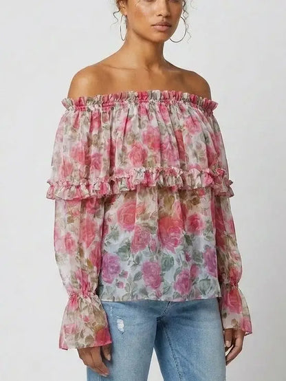 Rose Print Off Shoulder Ruffle Chiffon Blouse - Tops