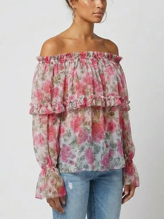 Rose Print Off Shoulder Ruffle Chiffon Blouse - Tops
